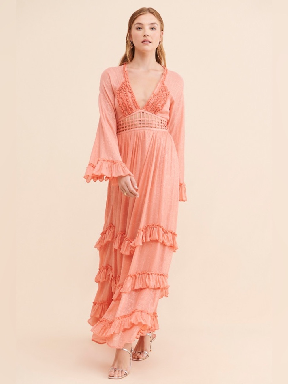 Free People coral Seraphina metallic maxi dress